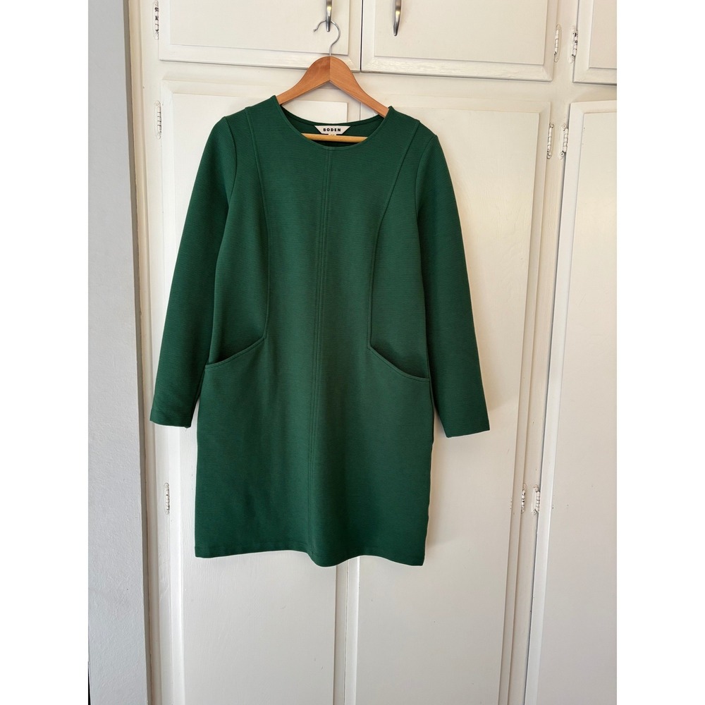Boden Ellen Ottoman Dress Green Ribbed Long Sleeve Shift Pocket US 10P UK 14P